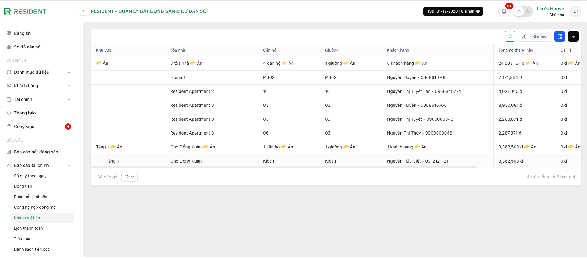 Giao diện báo cáo lịch thanh toán
